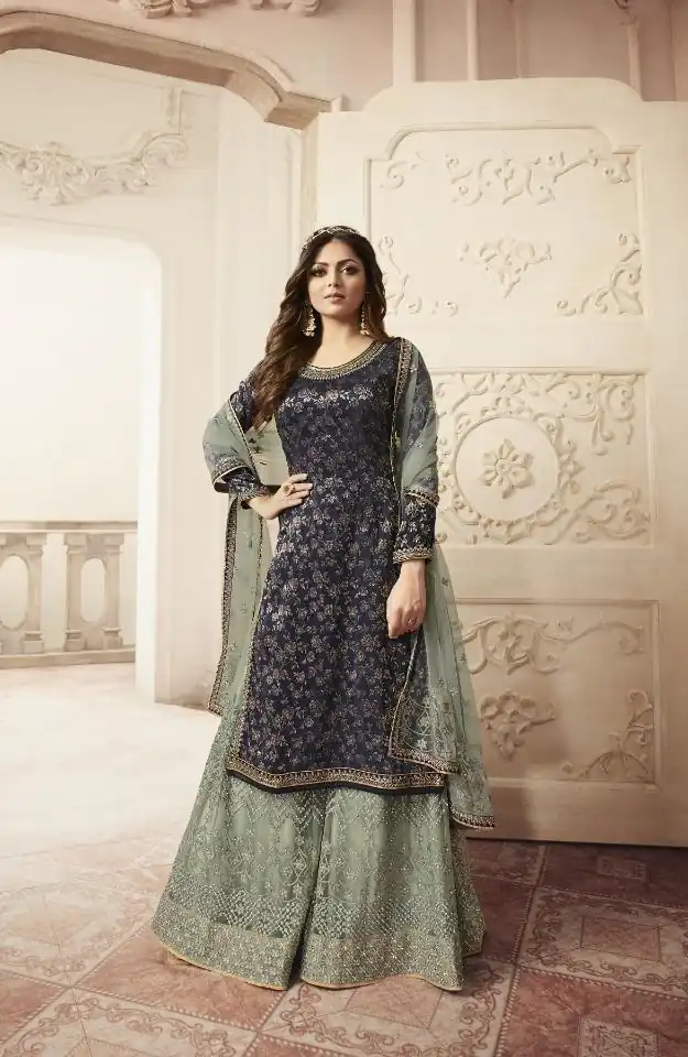 Blue Georgette Jacquard Diamond Sharara Suit | Jump Suits, Salwar suit, Casual Suits, Creative suits, Designer Suits, Palazzo Suits, Party Wear Suits, Patiala Suits, Straight Suits
