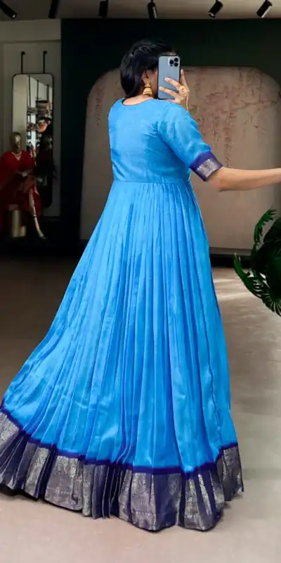 Blue Mass Mello Zari Work Gown | Gowns, Bollywood Gowns, Creative Gowns, Designer Gowns, Embroidered Gowns, Party Wear Gowns