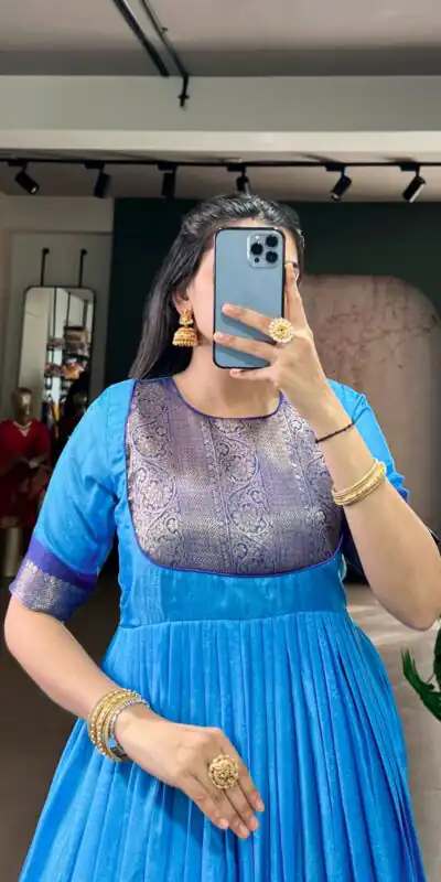 Blue Mass Mello Zari Work Gown | Gowns, Bollywood Gowns, Creative Gowns, Designer Gowns, Embroidered Gowns, Party Wear Gowns