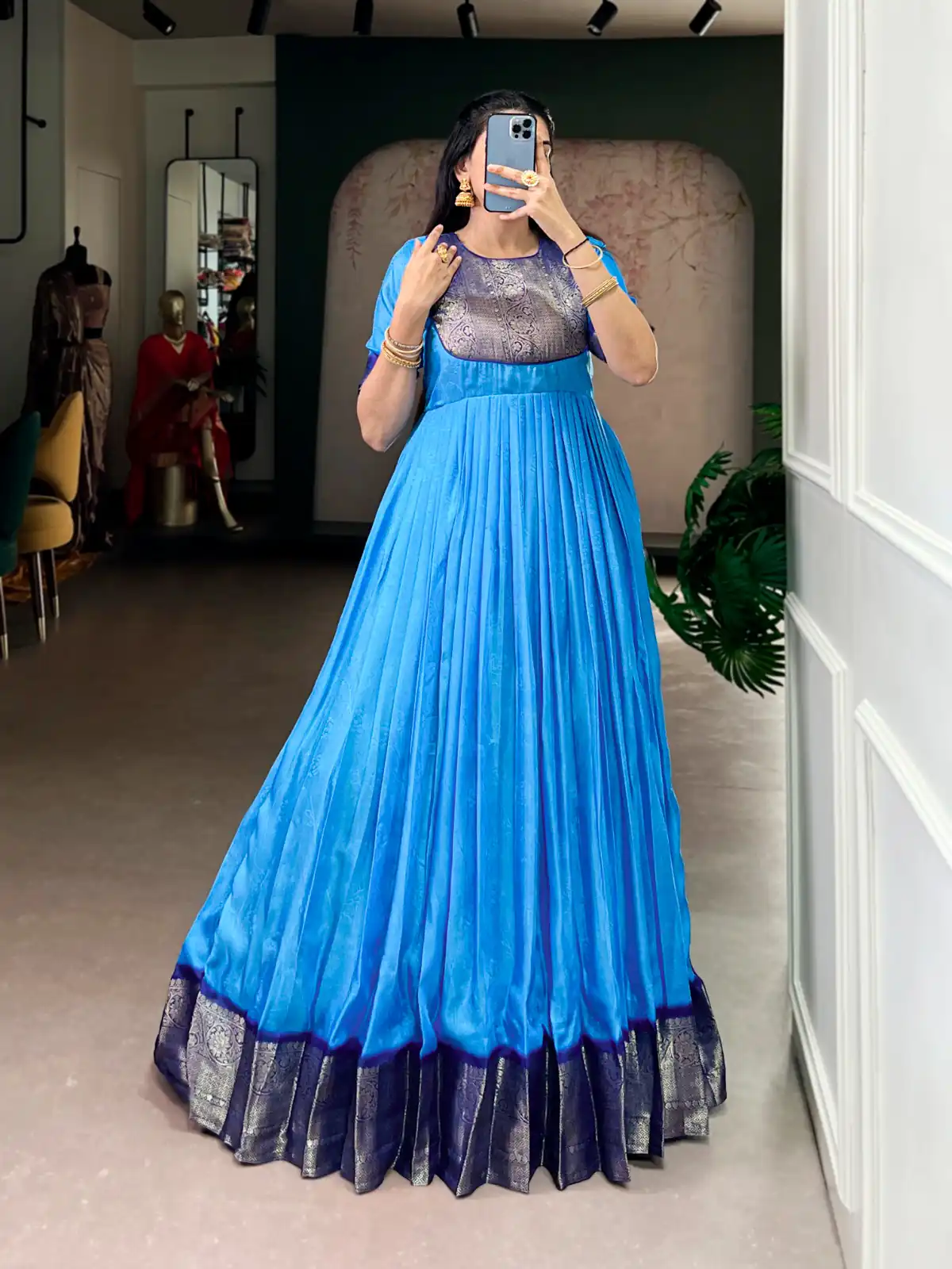 Blue Mass Mello Zari Work Gown | Gowns, Bollywood Gowns, Creative Gowns, Designer Gowns, Embroidered Gowns, Party Wear Gowns