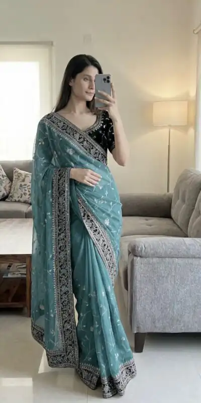 Blue Moss Silk Zari Embroidery Work Saree | Sarees, Bollywood Sarees, Creative Sarees, Designer Sarees, Embroidered Sarees, Ethnic Saree, Modern Digital sarees, Party Wear Sarees