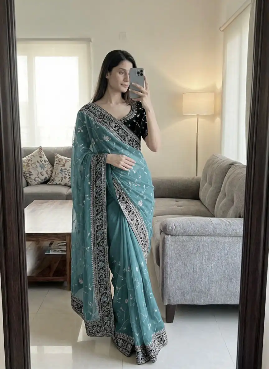 Blue Moss Silk Zari Embroidery Work Saree | Sarees, Bollywood Sarees, Creative Sarees, Designer Sarees, Embroidered Sarees, Ethnic Saree, Modern Digital sarees, Party Wear Sarees