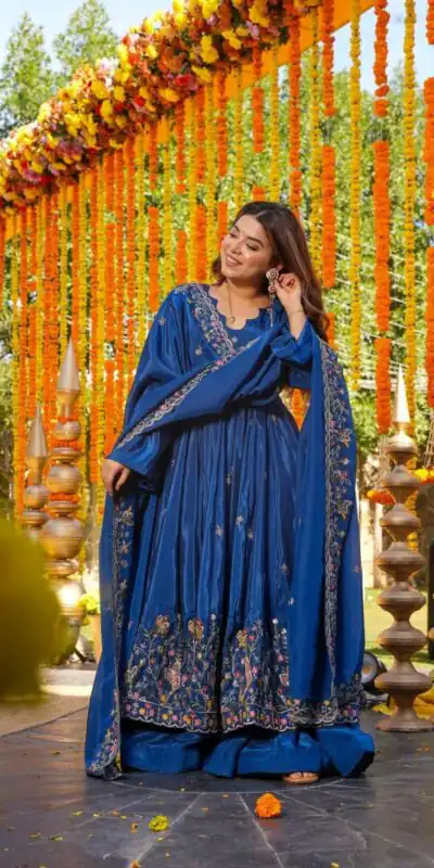 Blue Natural Crap Silk Embroidery Work Anarkali Suit | Anarkali Suits, Bollywood Anarkali, Creative-Anarkali, Designer Anarkali, Embroidered Anarkali, Party Wear Anarkali