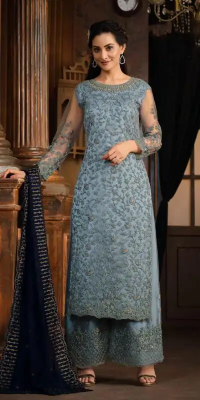 Blue Net With Coding Sequence Work Salwar Suit | Jump Suits, Salwar suit, Casual Suits, Creative suits, Designer Suits, Palazzo Suits, Party Wear Suits, Patiala Suits, Straight Suits