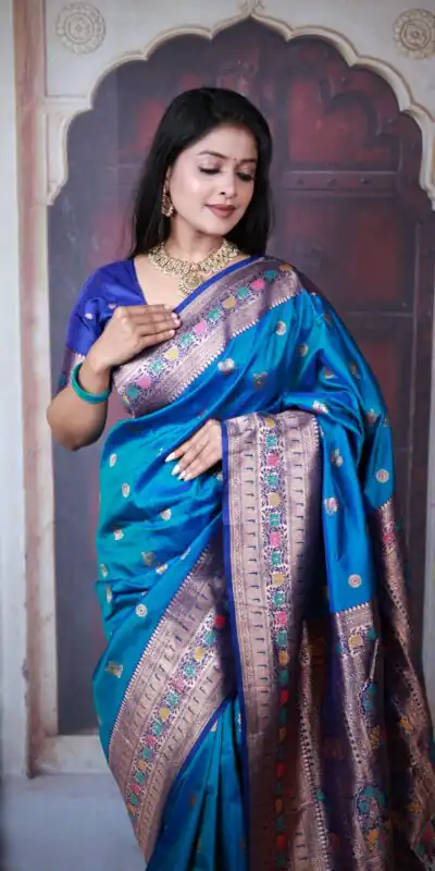 Blue Paithani Ajanta Lotus With Lace Work Saree | Sarees, Bollywood Sarees, Creative Sarees, Designer Sarees, Embroidered Sarees, Ethnic Saree, Modern Digital sarees, Party Wear Sarees