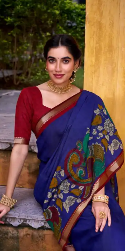 Blue Polyester Kalamkari Saree | Sarees, Bollywood Sarees, Creative Sarees, Designer Sarees, Embroidered Sarees, Ethnic Saree, Modern Digital sarees, Party Wear Sarees