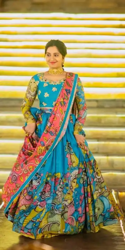 Blue Rayon Cotton Kalamkari Printed Lehenga Choli | Lehenga, Bollywood Lehenga, Creative Lehenga, Designer Lehenga, Embroidered Lehenga, Party Wear Lehenga
