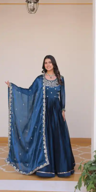 Blue Silk Sequence Work Gown | Gowns, Bollywood Gowns, Creative Gowns, Designer Gowns, Embroidered Gowns, Party Wear Gowns