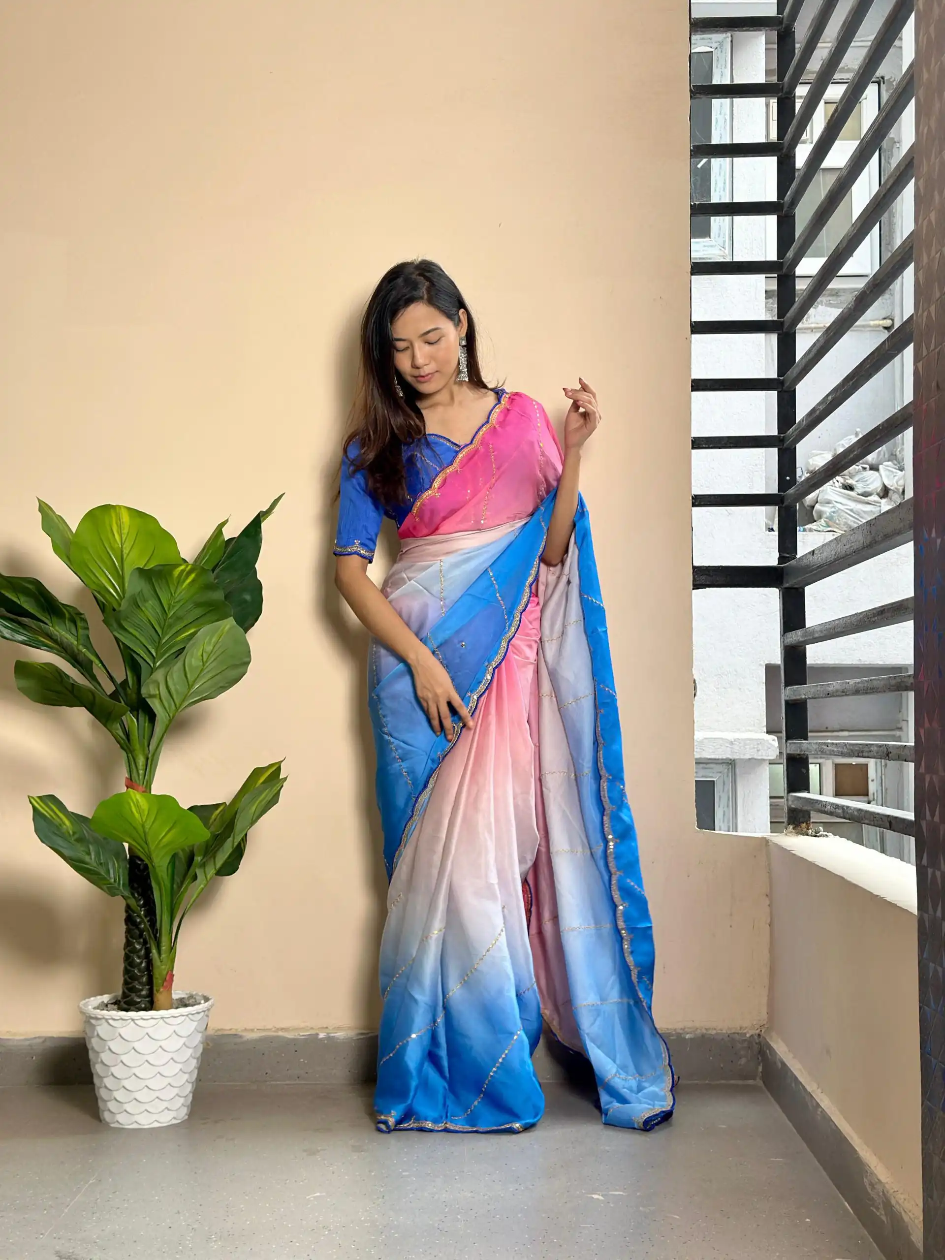 Blue Soft Georgette Satin With Digital Print Embroidery Work Saree | Sarees, Bollywood Sarees, Creative Sarees, Designer Sarees, Embroidered Sarees, Ethnic Saree, Modern Digital sarees, Party Wear Sarees
