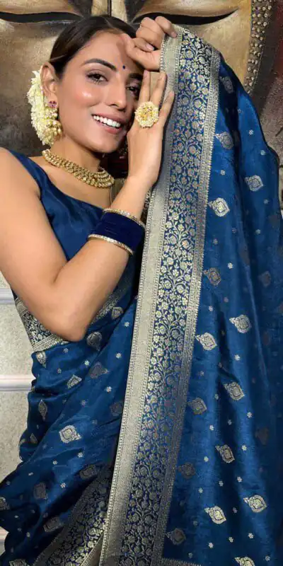 Blue Soft Lichi Silk Border Jacquard Work Saree | Sarees, Bollywood Sarees, Creative Sarees, Designer Sarees, Embroidered Sarees, Ethnic Saree, Modern Digital sarees, Party Wear Sarees