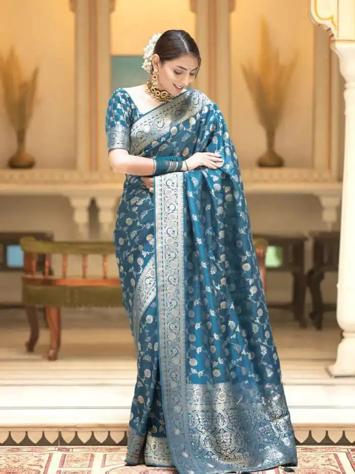 Blue Soft Lichi Silk With Jacquard Work Saree | Sarees, Bollywood Sarees, Creative Sarees, Designer Sarees, Embroidered Sarees, Ethnic Saree, Modern Digital sarees, Party Wear Sarees