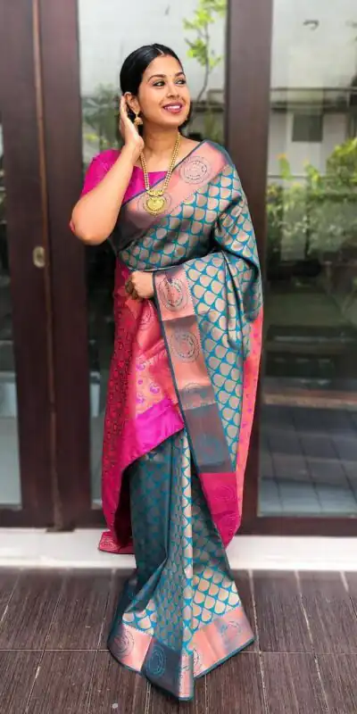 Blue Soft Litchi Silk Jacquard Work On All Over Saree | Sarees, Bollywood Sarees, Creative Sarees, Designer Sarees, Embroidered Sarees, Ethnic Saree, Modern Digital sarees, Party Wear Sarees