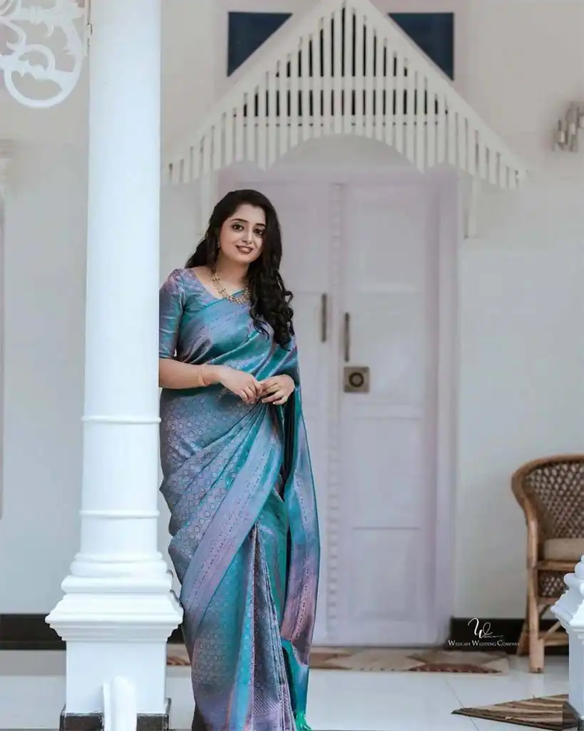 Blue Soft Litchi Silk Jacquard Work On All Over Saree | Sarees, Bollywood Sarees, Creative Sarees, Designer Sarees, Embroidered Sarees, Ethnic Saree, Modern Digital sarees, Party Wear Sarees