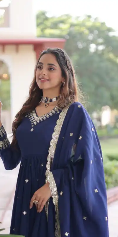 Blue Vichitra Silk Sequins Work Gown | Gowns, Bollywood Gowns, Creative Gowns, Designer Gowns, Embroidered Gowns, Party Wear Gowns