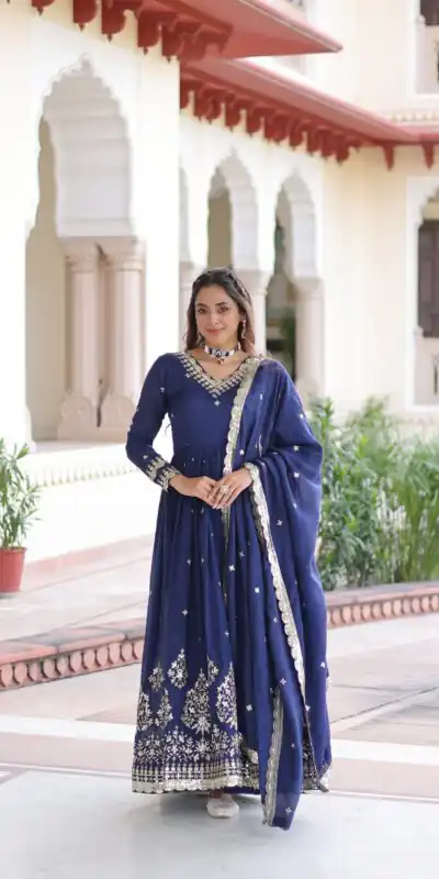 Blue Vichitra Silk Sequins Work Gown | Gowns, Bollywood Gowns, Creative Gowns, Designer Gowns, Embroidered Gowns, Party Wear Gowns