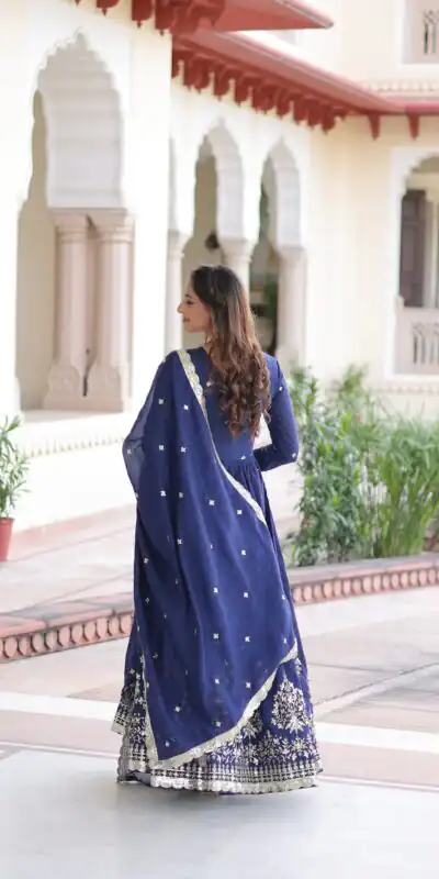 Blue Vichitra Silk Sequins Work Gown | Gowns, Bollywood Gowns, Creative Gowns, Designer Gowns, Embroidered Gowns, Party Wear Gowns