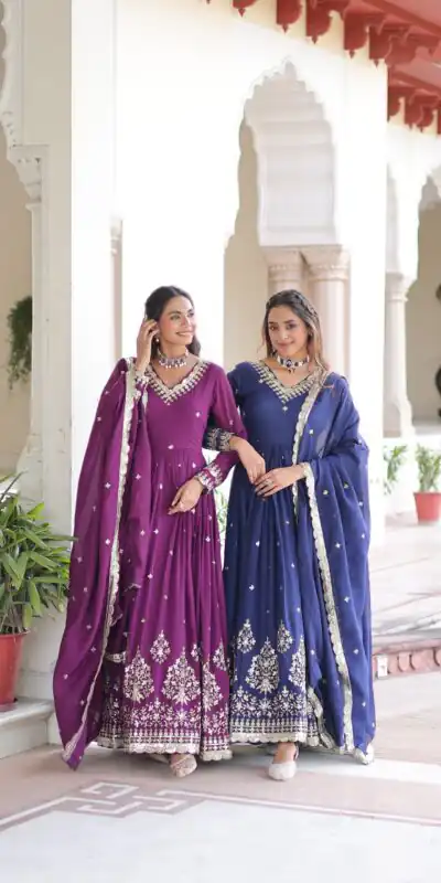 Blue Vichitra Silk Sequins Work Gown | Gowns, Bollywood Gowns, Creative Gowns, Designer Gowns, Embroidered Gowns, Party Wear Gowns