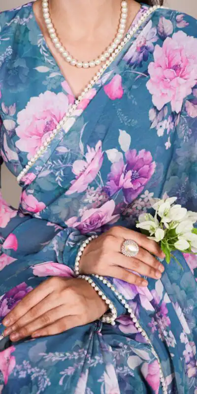 Blue Weightless Printed Pearl Saree | Sarees, Bollywood Sarees, Creative Sarees, Designer Sarees, Embroidered Sarees, Ethnic Saree, Modern Digital sarees, Party Wear Sarees