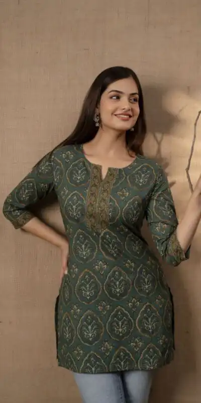 Bottle Green Cotton Printed Kurti | Kurti, Bollywood Kurti, Creative Kurtis, Designer Kurti, Party Wear Kurti, Selfie Kurti