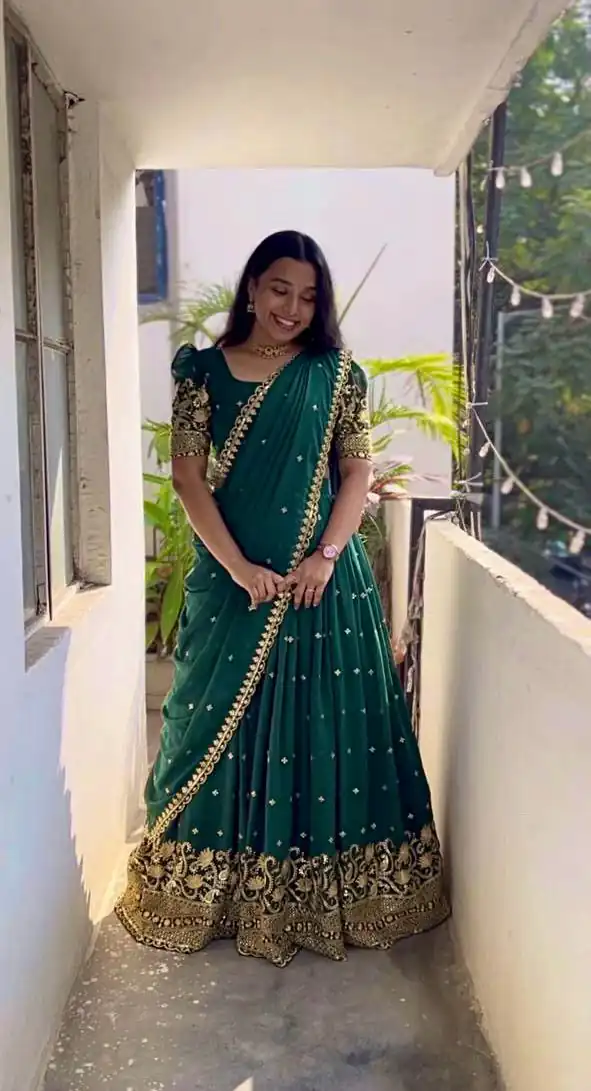 Bottle Green Georgette Embroidery And Sequins Work Lehenga Choli | Lehenga, Bollywood Lehenga, Creative Lehenga, Designer Lehenga, Embroidered Lehenga, Party Wear Lehenga