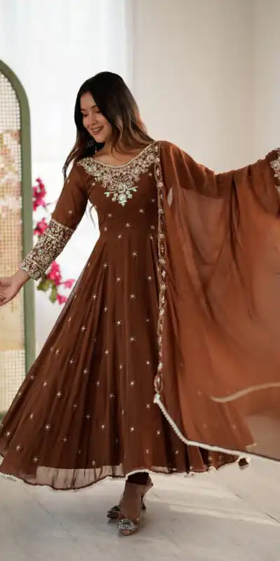 Brown Blooming Faux Embroidery Work Gown | Lehenga, Bollywood Lehenga, Creative Lehenga, Designer Lehenga, Embroidered Lehenga, Party Wear Lehenga