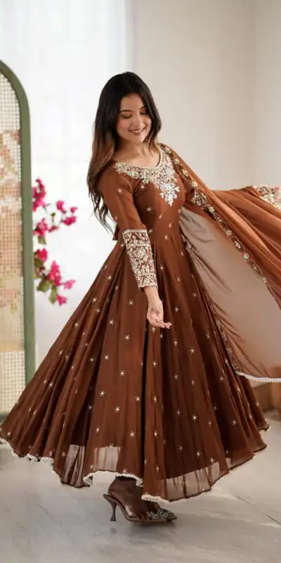 Brown Blooming Faux Embroidery Work Gown | Lehenga, Bollywood Lehenga, Creative Lehenga, Designer Lehenga, Embroidered Lehenga, Party Wear Lehenga