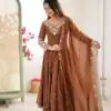 Brown Blooming Faux Embroidery Work Gown | Lehenga, Bollywood Lehenga, Creative Lehenga, Designer Lehenga, Embroidered Lehenga, Party Wear Lehenga