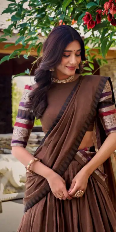 Brown Chanderi Plain Lehenga Choli | Lehenga, Bollywood Lehenga, Creative Lehenga, Designer Lehenga, Embroidered Lehenga, Party Wear Lehenga