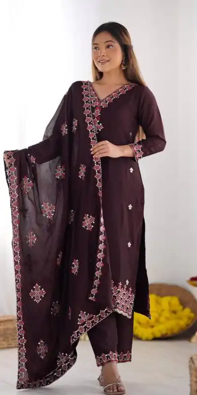 Brown Chinnon Silk Lace Embroidery Work Salwar Suit | Jump Suits, Tops & Bottoms, Track Suits, Salwar suit, Casual Suits, Creative suits, Designer Suits, Palazzo Suits, Party Wear Suits, Patiala Suits, Straight Suits, Trendy Wear