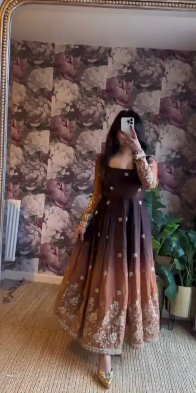 Brown Chinon Silk Thread Work Salwar Suit | Jump Suits, Salwar suit, Casual Suits, Creative suits, Designer Suits, Palazzo Suits, Party Wear Suits, Patiala Suits, Straight Suits