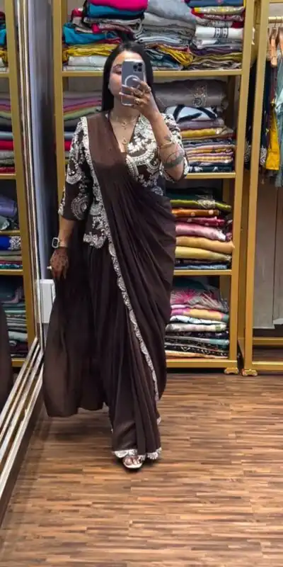 Brown Faux Georgette Embroidery Work Saree | Sarees, Bollywood Sarees, Creative Sarees, Designer Sarees, Embroidered Sarees, Ethnic Saree, Modern Digital sarees, Party Wear Sarees
