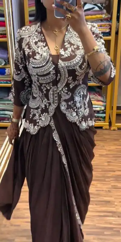 Brown Faux Georgette Embroidery Work Saree | Sarees, Bollywood Sarees, Creative Sarees, Designer Sarees, Embroidered Sarees, Ethnic Saree, Modern Digital sarees, Party Wear Sarees