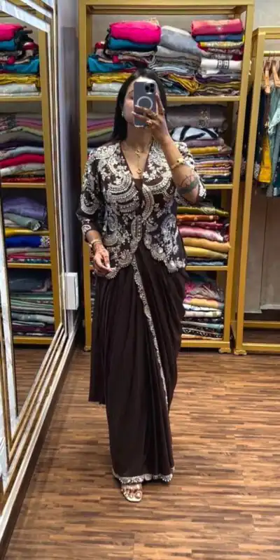 Brown Faux Georgette Embroidery Work Saree | Sarees, Bollywood Sarees, Creative Sarees, Designer Sarees, Embroidered Sarees, Ethnic Saree, Modern Digital sarees, Party Wear Sarees