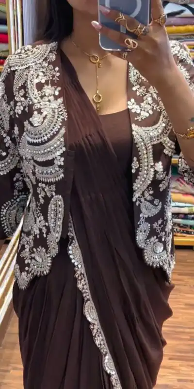 Brown Faux Georgette Embroidery Work Saree | Sarees, Bollywood Sarees, Creative Sarees, Designer Sarees, Embroidered Sarees, Ethnic Saree, Modern Digital sarees, Party Wear Sarees
