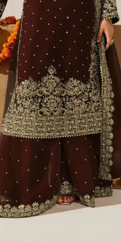 Brown Faux Georgette Lace Work Salwar Suit | Jump Suits, Salwar suit, Casual Suits, Creative suits, Designer Suits, Palazzo Suits, Party Wear Suits, Patiala Suits, Straight Suits