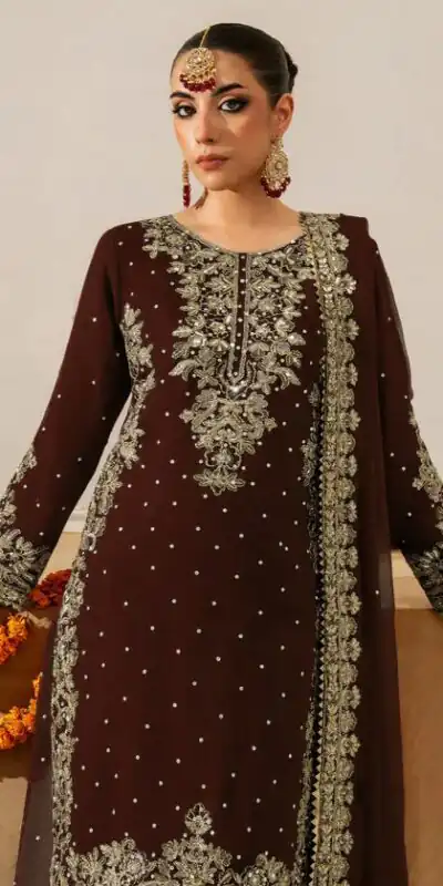 Brown Faux Georgette Lace Work Salwar Suit | Jump Suits, Salwar suit, Casual Suits, Creative suits, Designer Suits, Palazzo Suits, Party Wear Suits, Patiala Suits, Straight Suits