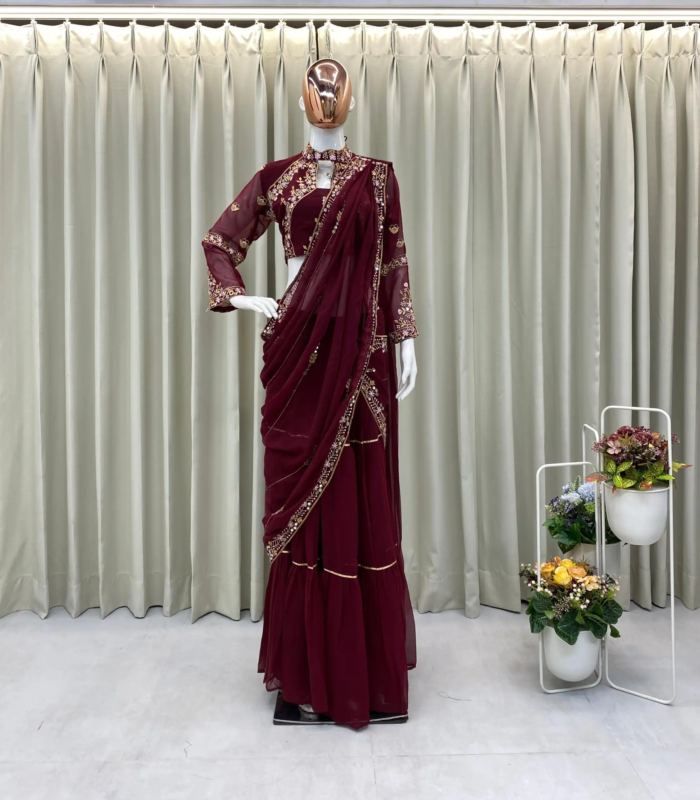 Brown Georgette Embroidery Lehenga Saree | Lehenga, Bollywood Lehenga, Creative Lehenga, Designer Lehenga, Embroidered Lehenga, Party Wear Lehenga