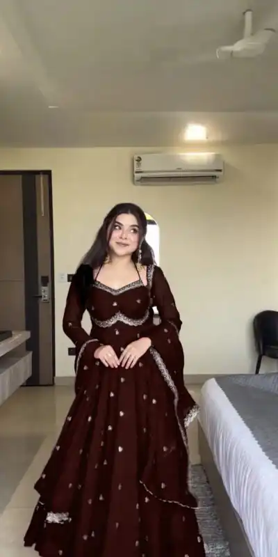 Brown Georgette Sequence Gown | Gowns, Bollywood Gowns, Creative Gowns, Designer Gowns, Embroidered Gowns, Party Wear Gowns