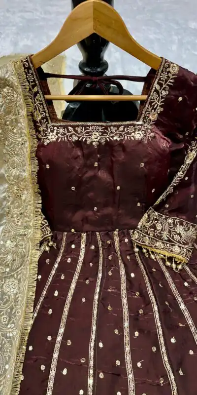 Brown JC Silk Embroidery Lace Work Gown | Gowns, Bollywood Gowns, Creative Gowns, Designer Gowns, Embroidered Gowns, Party Wear Gowns