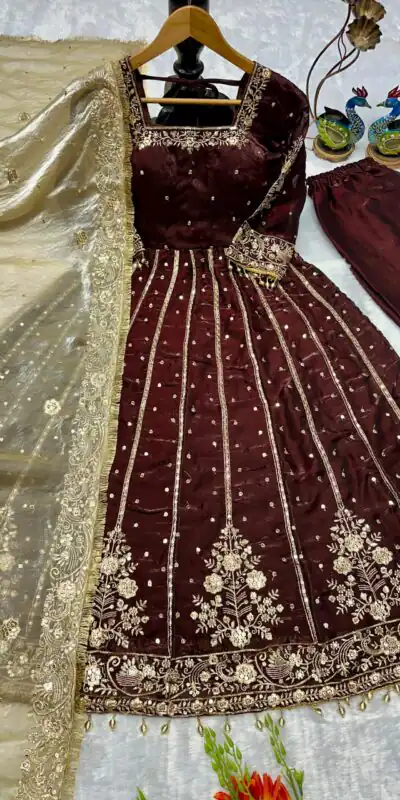 Brown JC Silk Embroidery Lace Work Gown | Gowns, Bollywood Gowns, Creative Gowns, Designer Gowns, Embroidered Gowns, Party Wear Gowns