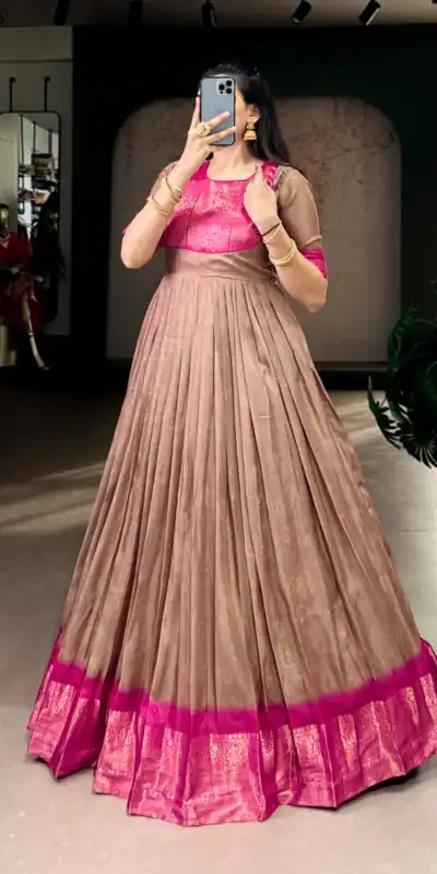 Brown Mass Mello Zari Work Gown | Gowns, Bollywood Gowns, Creative Gowns, Designer Gowns, Embroidered Gowns, Party Wear Gowns