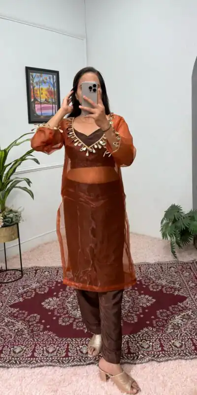 Brown Organza Mirror Lace Work Salwar Suit | Jump Suits, Salwar suit, Casual Suits, Creative suits, Designer Suits, Palazzo Suits, Party Wear Suits, Patiala Suits, Straight Suits