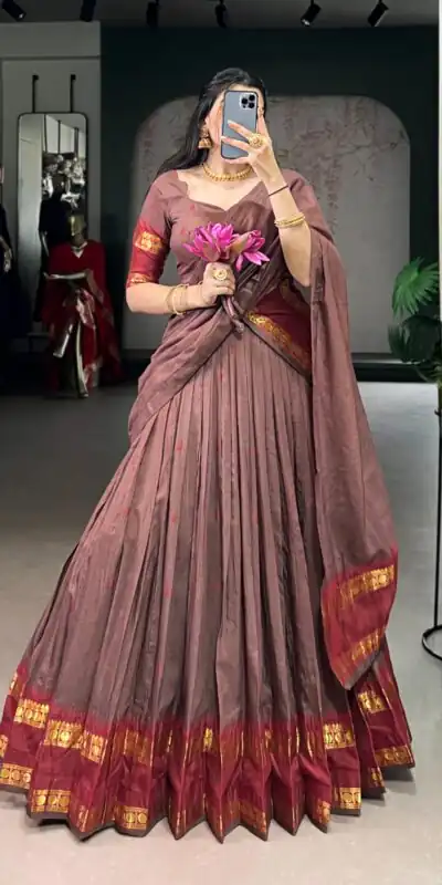 Brown Pure Chanderi Zari Work Lehenga Choli | Lehenga, Bollywood Lehenga, Creative Lehenga, Designer Lehenga, Embroidered Lehenga, Party Wear Lehenga