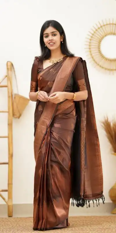 Brown Soft Lichi Silk Jacquard Rich Pallu Saree | Sarees, Bollywood Sarees, Creative Sarees, Designer Sarees, Embroidered Sarees, Ethnic Saree, Modern Digital sarees, Party Wear Sarees