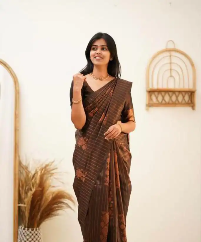 Brown Soft Lichi Silk With Lace Work Saree | Sarees, Bollywood Sarees, Creative Sarees, Designer Sarees, Embroidered Sarees, Ethnic Saree, Modern Digital sarees, Party Wear Sarees