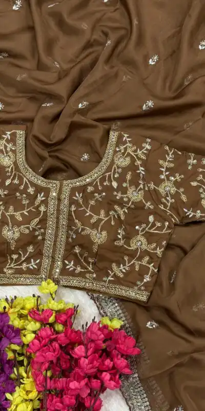 Brown Soft Organza Zari Embroidery Work Saree | Sarees, Bollywood Sarees, Creative Sarees, Designer Sarees, Embroidered Sarees, Ethnic Saree, Modern Digital sarees, Party Wear Sarees