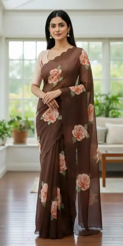 Brown TB Organza Digital Print Saree | Sarees, Bollywood Sarees, Creative Sarees, Designer Sarees, Embroidered Sarees, Ethnic Saree, Modern Digital sarees, Party Wear Sarees