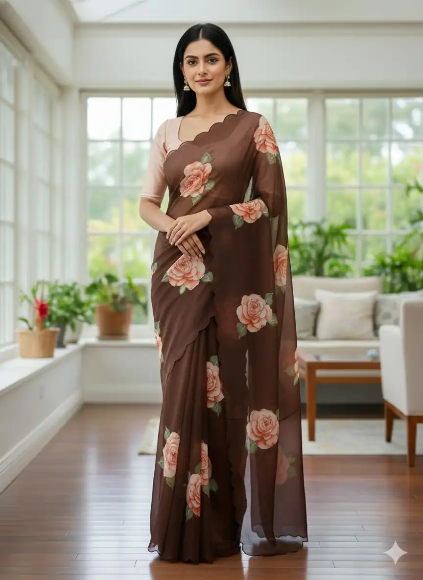 Brown TB Organza Digital Print Saree | Sarees, Bollywood Sarees, Creative Sarees, Designer Sarees, Embroidered Sarees, Ethnic Saree, Modern Digital sarees, Party Wear Sarees