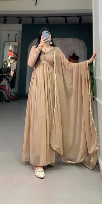 Chiku Georgette Embroidery Gown | Gowns, Bollywood Gowns, Creative Gowns, Designer Gowns, Embroidered Gowns, Party Wear Gowns