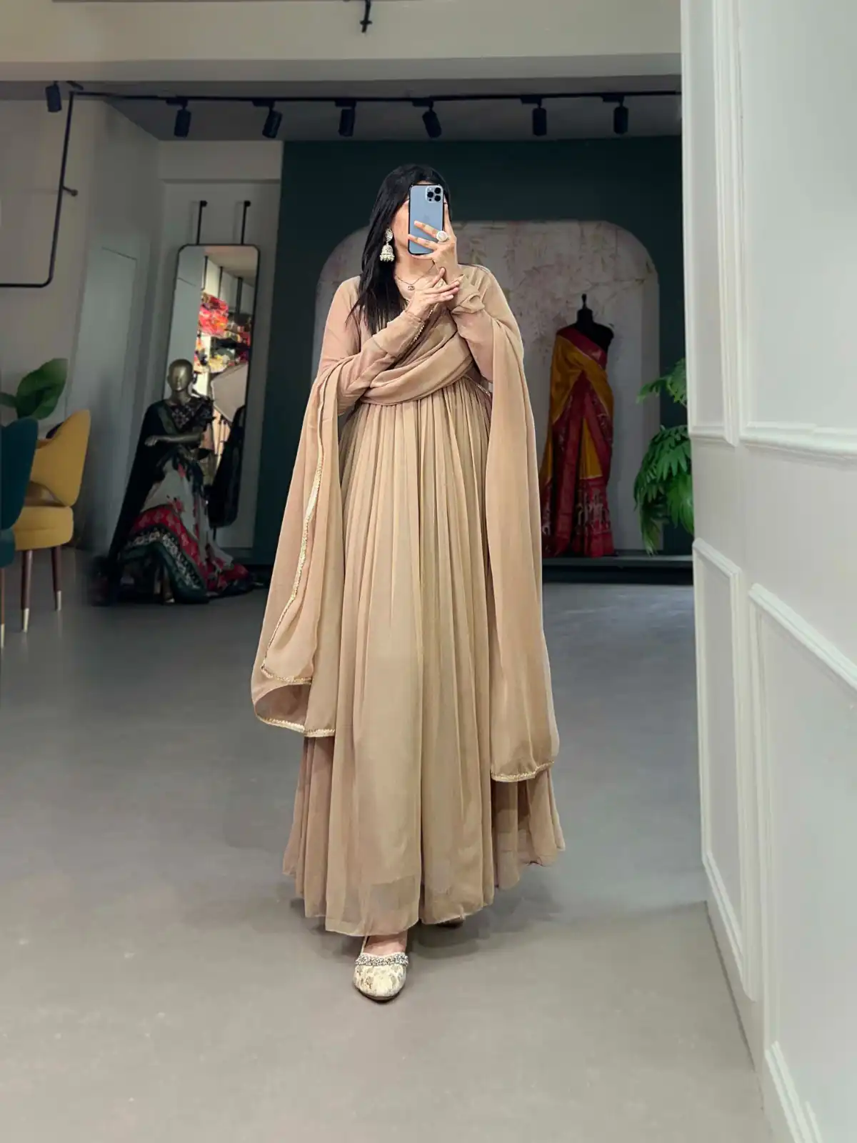 Chiku Georgette Embroidery Gown | Gowns, Bollywood Gowns, Creative Gowns, Designer Gowns, Embroidered Gowns, Party Wear Gowns